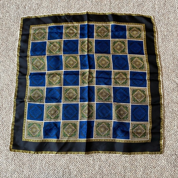 Vintage Renoir Silk Pocket Square Black Blue Gold - Picture 2 of 3